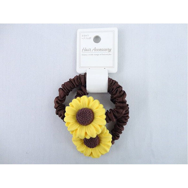ピンクフラワーとひまわりハートレジンヘアゴム ポニーフック変更可能