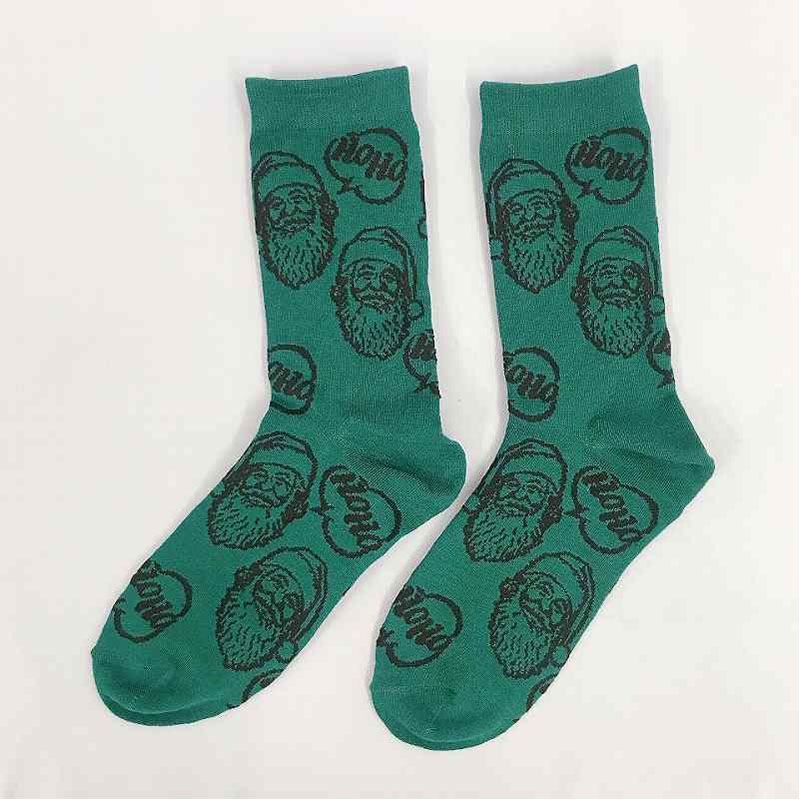 婦人クルー丈靴下リアルサンタ柄　緑