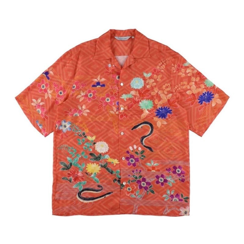SILKCUPRO SHORT SLEEVE ALOHA SHIRT��EEL AND FLOWERS��