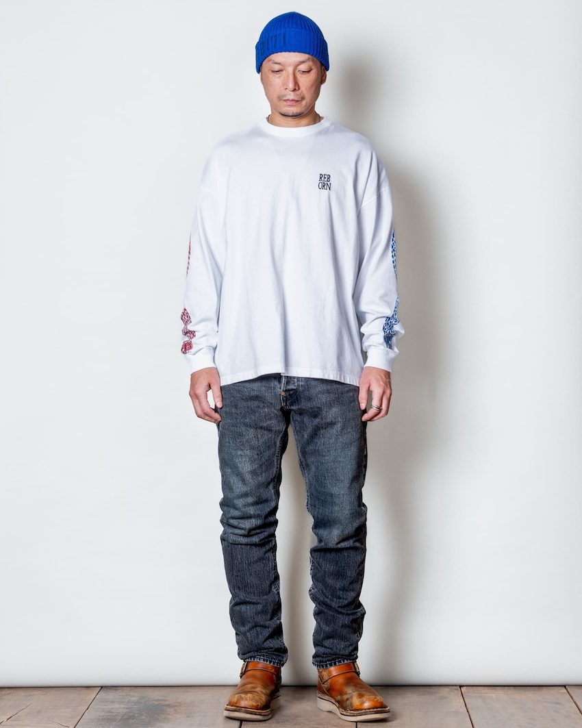 BIG SIZING L/S TEE��EXUVIAE��WHITE��NAVY&RED-PRINT��