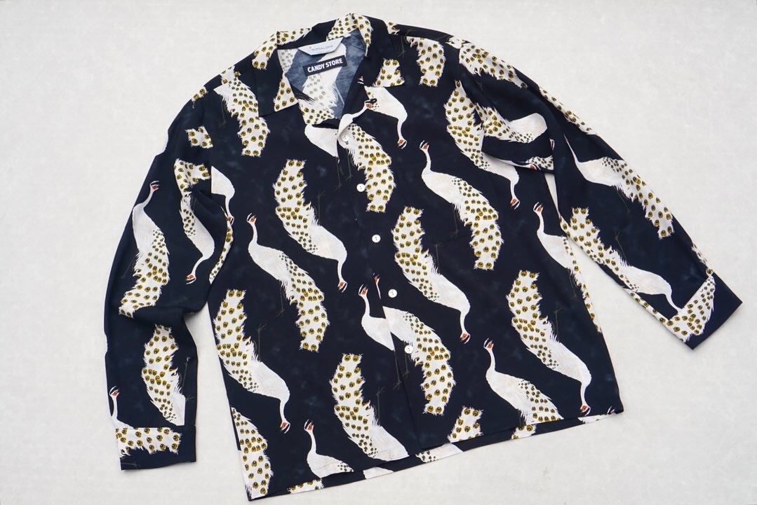 RAYON LONG SLEEVE ALOHA SHIRT��PEACOCK/JYAKUCHU ITO/BLACK��