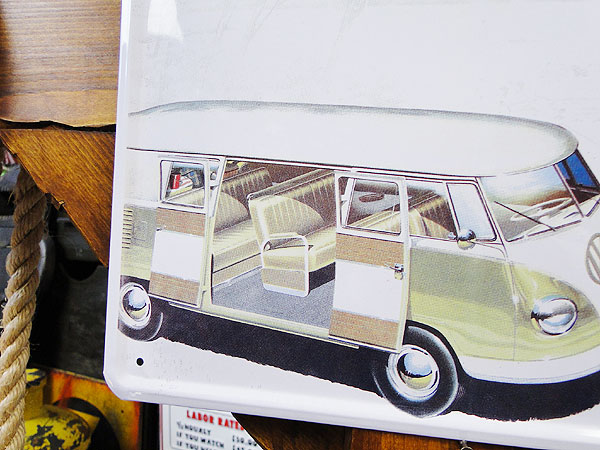 クラシックカー＆バイク ブリキポスター （ワーゲンバス/キャンプ）の