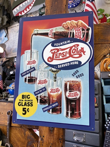 ペプシコーラ　ブリキ看板　（ビッグ10オンスグラス）|ソーダドリンク/ペプシ|ボクらの原点そして永遠！ブリキ看板