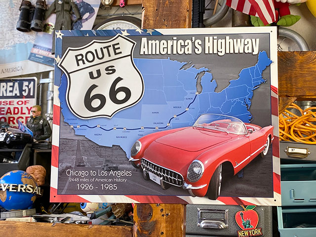 ルート66＆シボレー コルベット ブリキ看板 （アメリカズ ハイウェイ