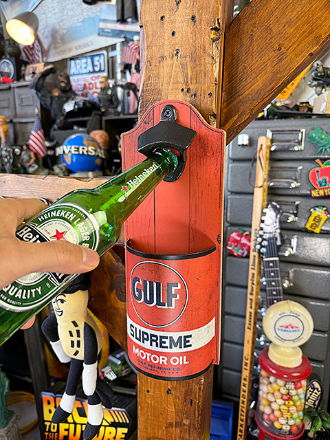 ガルフ ヴィンテージオイル缶 ボトルオープナー プラーク 看板 栓抜き