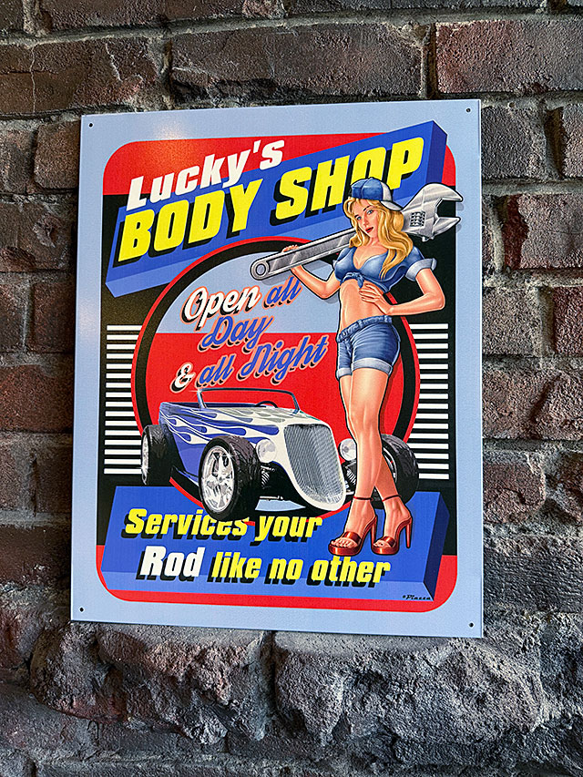 ラッキー ボディショップ ピンナップガール ブリキ看板の通販・販売