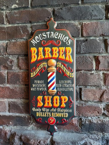 マスタッチョス　バーバーショップサイン　エンボス　ティンサイン　ブリキ看板|アメリカンポップ|ボクらの原点そして永遠！ブリキ看板