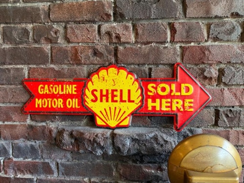 シェル　アローカットサイン　エンボス　ティンサイン　（GASOLINE MOTOR OIL SOLD HERE）　ブリキ看板|オイル/ガソリン|ボクらの原点そして永遠！ブリキ看板