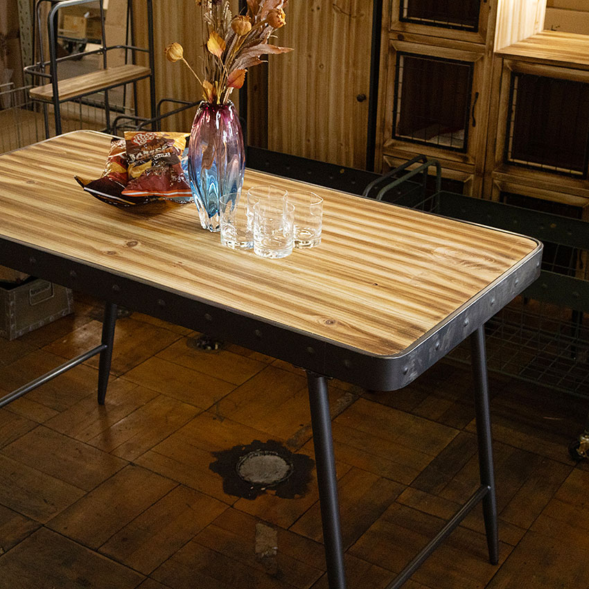 ミリタリーテイスト ウッド＆アイアン テーブル グレー 全国送料無料