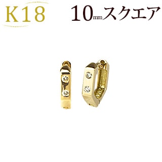 K18中折れ式ダイヤフープピアス(10mmスクエア、ツーポイント
