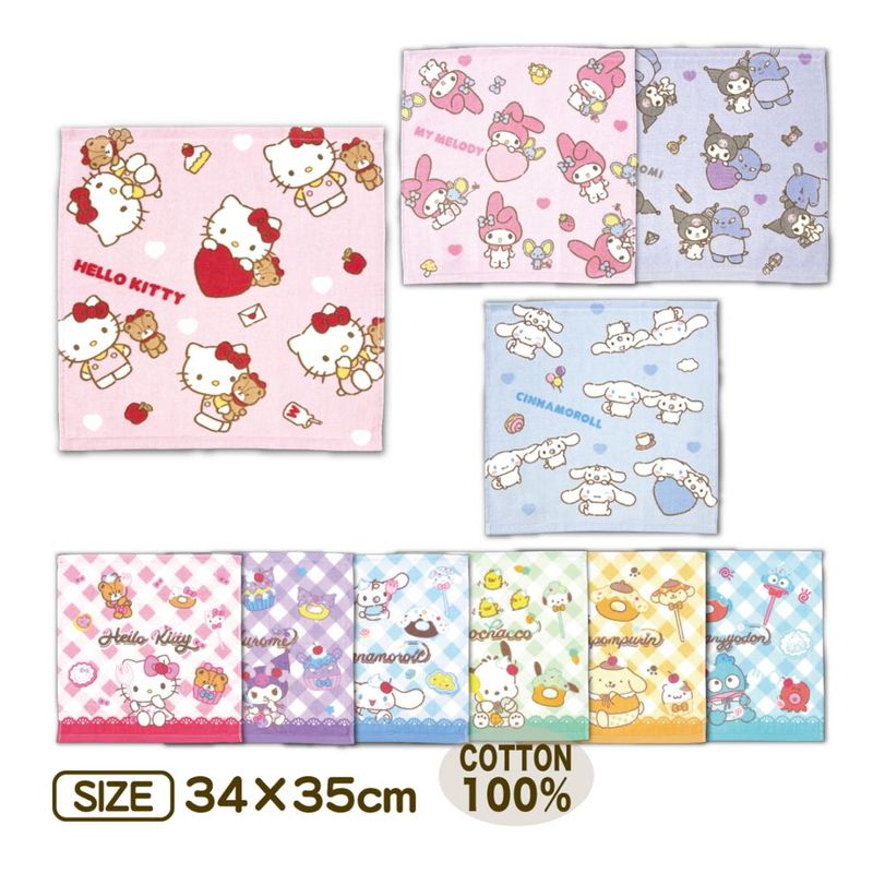 ハンドタオル サンリオ ハローキティ クロミ シナモロール サンリオキャラクターズ 綿100% チェック チラシ 34×35cm ウォッシュタオル 林タオル メール便対応