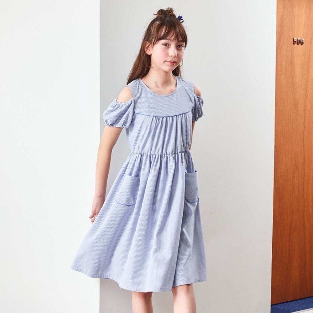 SUMMER SALE】【ジュニア】COOLMAX肩あきストライプワンピース 140 150