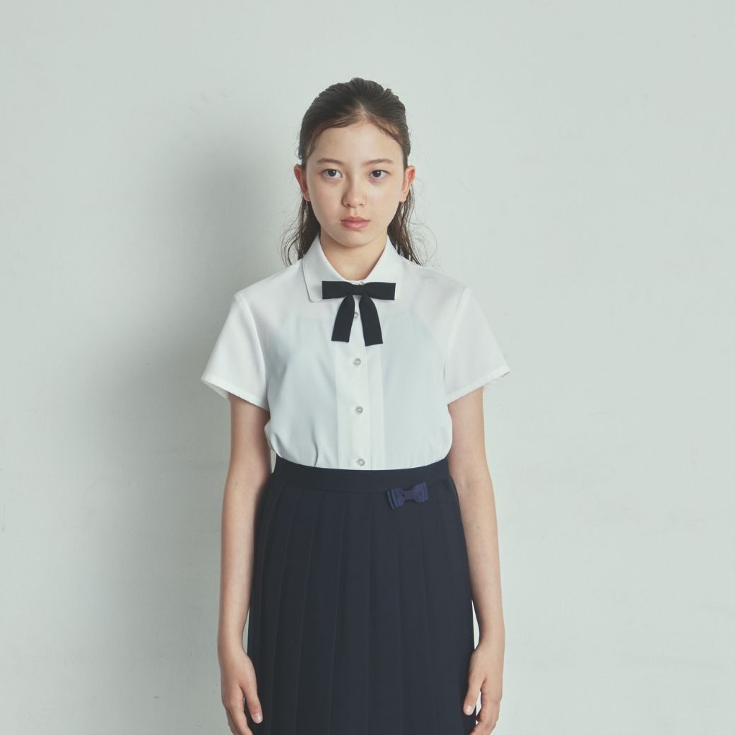 【リニューアル再入荷】中学受験 子供服 女の子 喪服 フォーマル リボン付きブラウス 半袖 長袖/ジュニア 140 150 160 170cm (2393-2500-8893-2504)