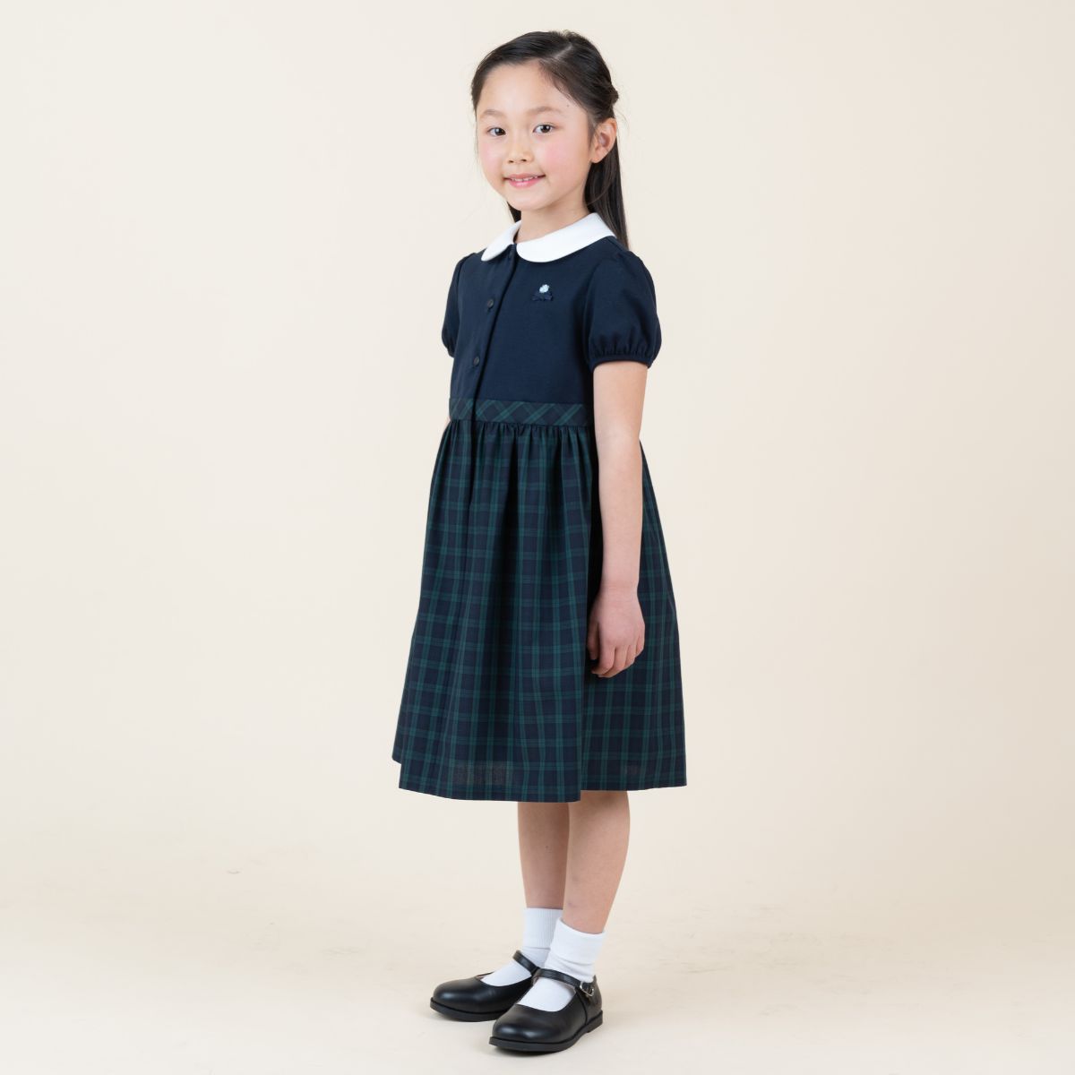 学校説明会 お受験 前開き ワンピース 女の子 半袖 子供服 チェック柄ドッキングワンピース 90 95 100 110 120 130cm (8336-2303) CHOPIN/ショパン