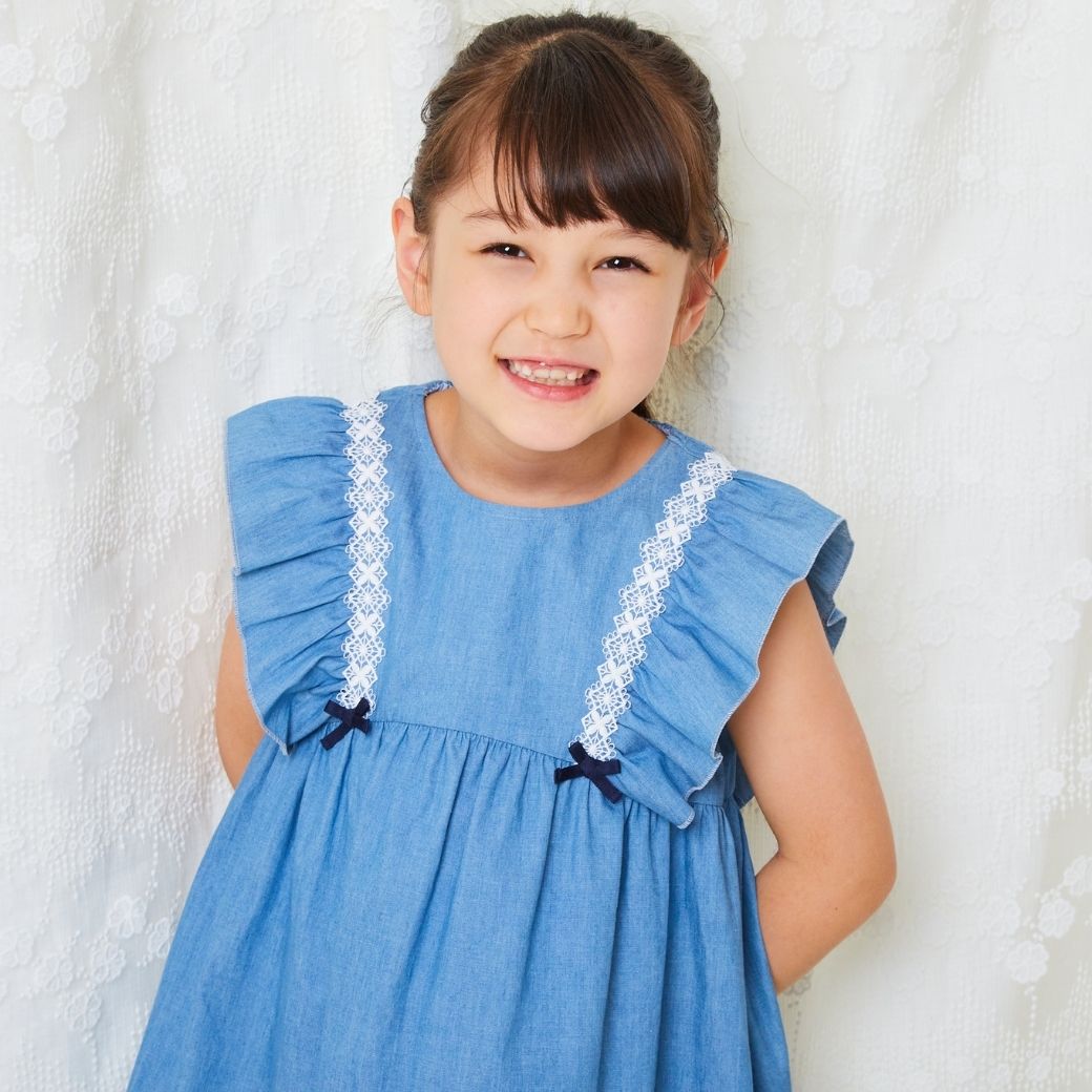 【TIMEセール55%OFF】デニム風フリル切替ワンピース 110 120 130 140cm (2436-7352) CHOPINblue/ショパンブルー