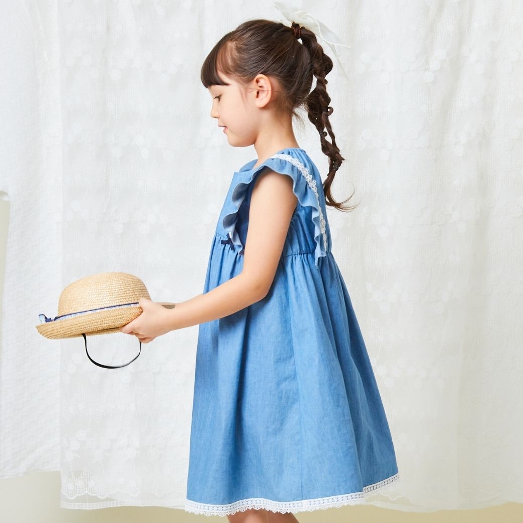 【TIMEセール55%OFF】デニム風フリル切替ワンピース 110 120 130 140cm (2436-7352) CHOPINblue/ショパンブルー