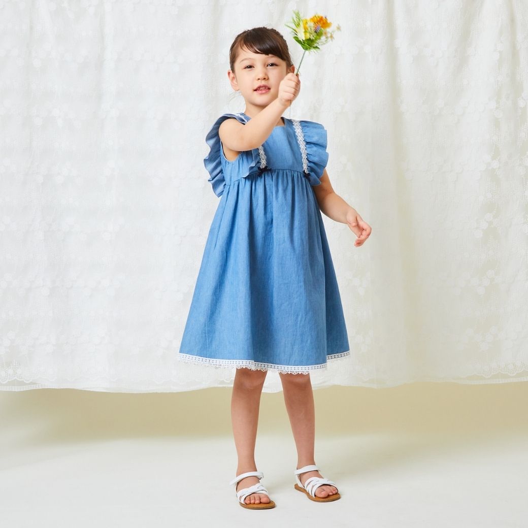 【TIMEセール55%OFF】デニム風フリル切替ワンピース 110 120 130 140cm (2436-7352) CHOPINblue/ショパンブルー