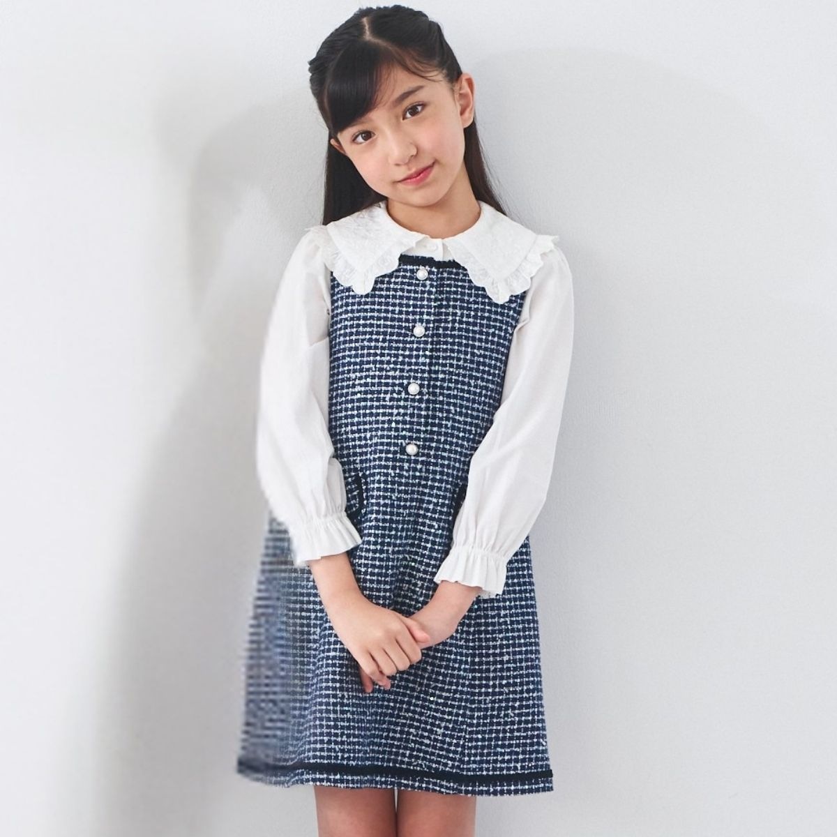 ファンシーツイードフロント釦ジャンパースカート 110 120 130 140cm (2576-7310) CHOPIN blue/ショパンブルー