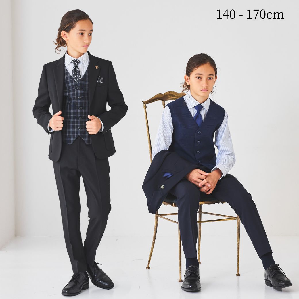 SUIT SELECT チェック柄スーツ A6 2釦スリーピーススーツ】ノータック ネイビー グレンチェック ノー