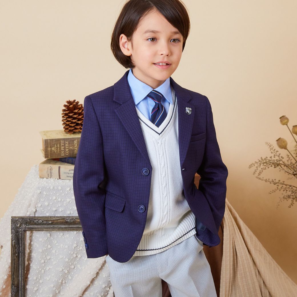 【セール:38%OFF】ニットベスト付きチェック柄スーツセット 110 120 130cm (2371-5450) CHOPINblue/ショパン ブルー
