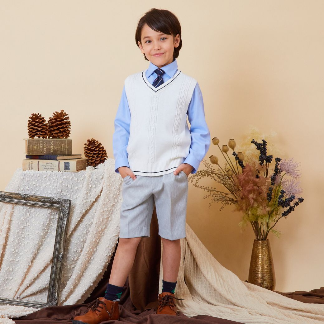 【セール:38%OFF】ニットベスト付きチェック柄スーツセット 110 120 130cm (2371-5450) CHOPINblue/ショパン ブルー