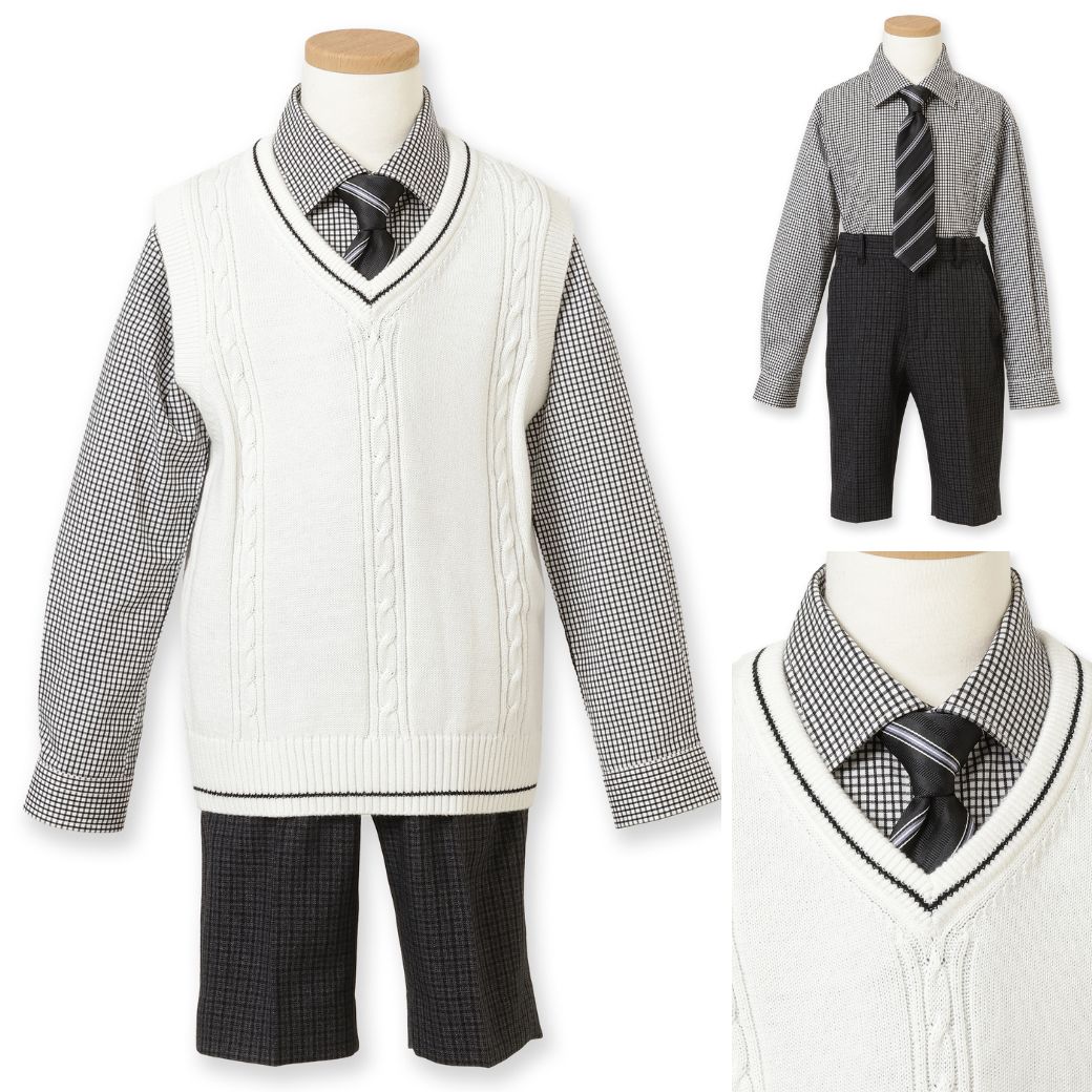 【セール:38%OFF】ニットベスト付きチェック柄スーツセット 110 120 130cm (2371-5450) CHOPINblue/ショパン ブルー