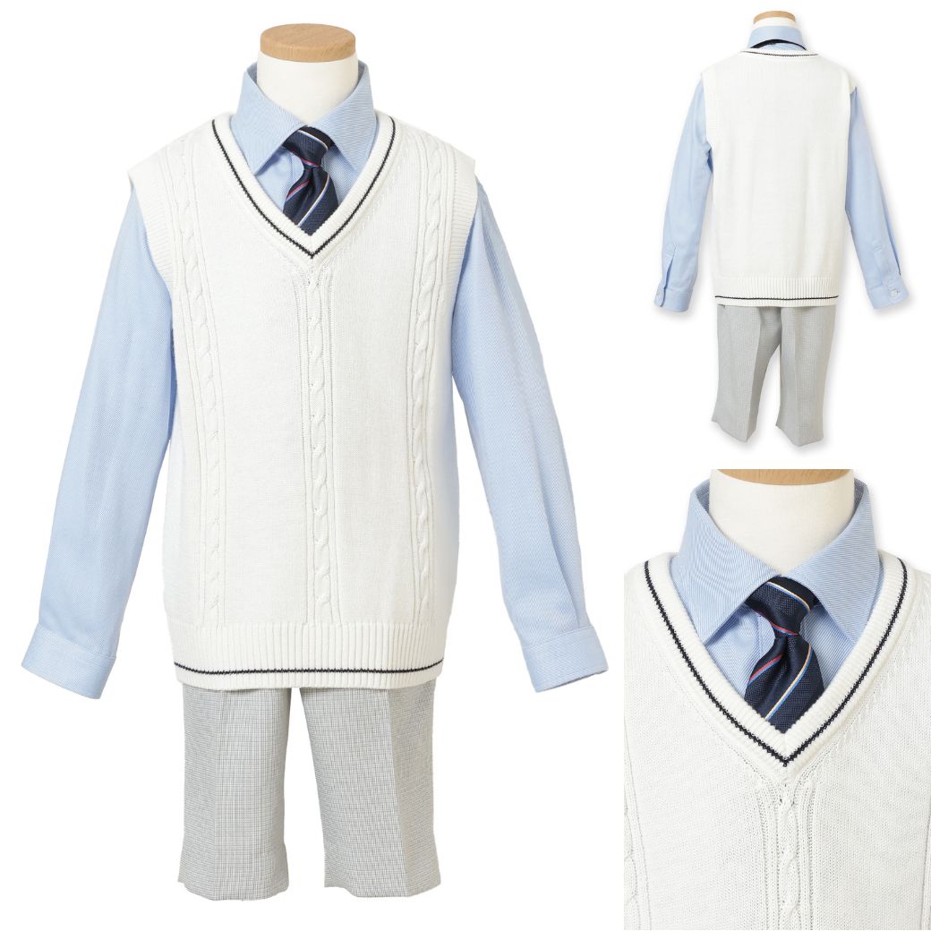 【セール:38%OFF】ニットベスト付きチェック柄スーツセット 110 120 130cm (2371-5450) CHOPINblue/ショパン ブルー