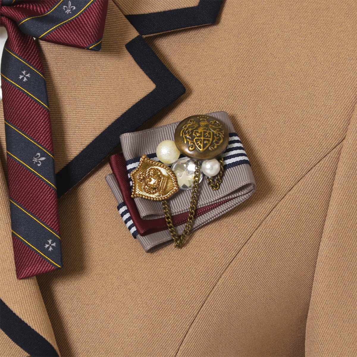 【期間限定50%OFF】ベージュダブルジャケット×ストライプジャンパースカートセット 150 160 165cm(8291-2500)