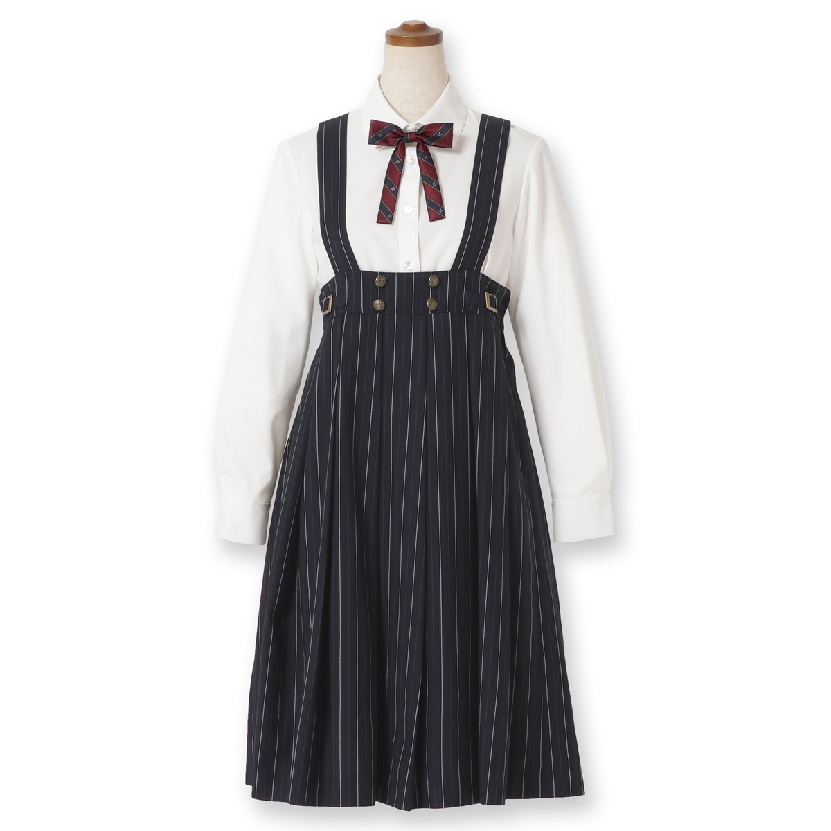 【期間限定50%OFF】ベージュダブルジャケット×ストライプジャンパースカートセット 150 160 165cm(8291-2500)