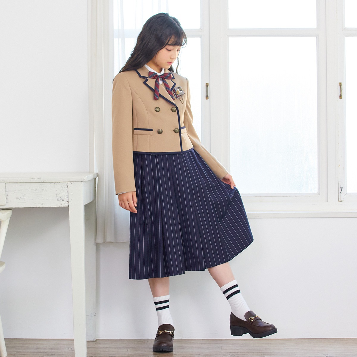 【期間限定50%OFF】ベージュダブルジャケット×ストライプジャンパースカートセット 150 160 165cm(8291-2500)