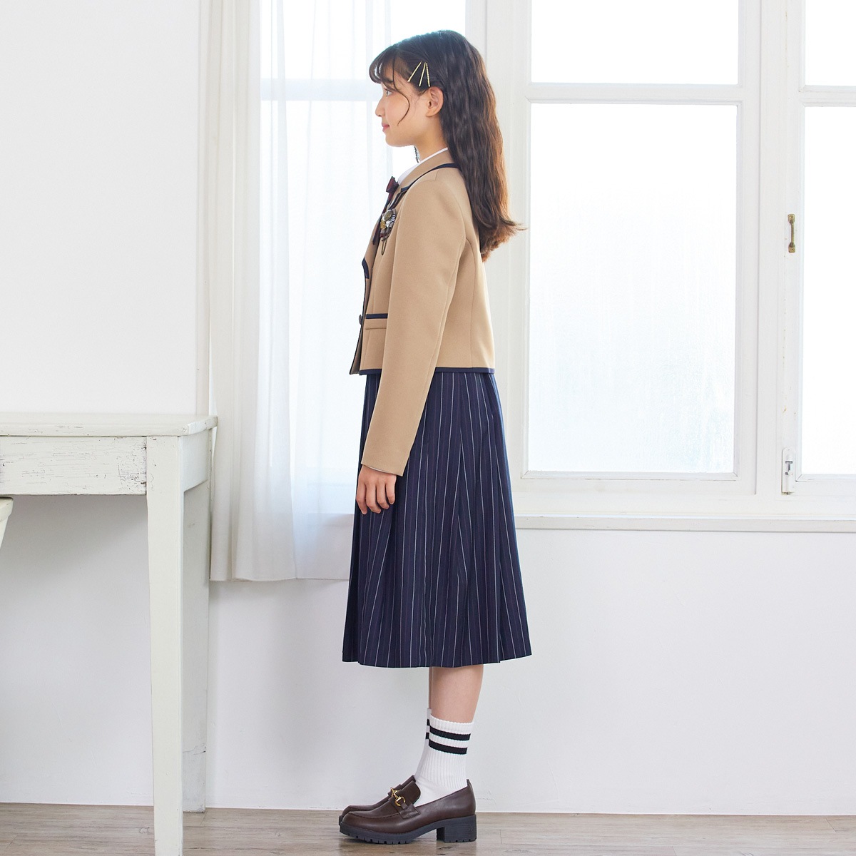 【期間限定50%OFF】ベージュダブルジャケット×ストライプジャンパースカートセット 150 160 165cm(8291-2500)