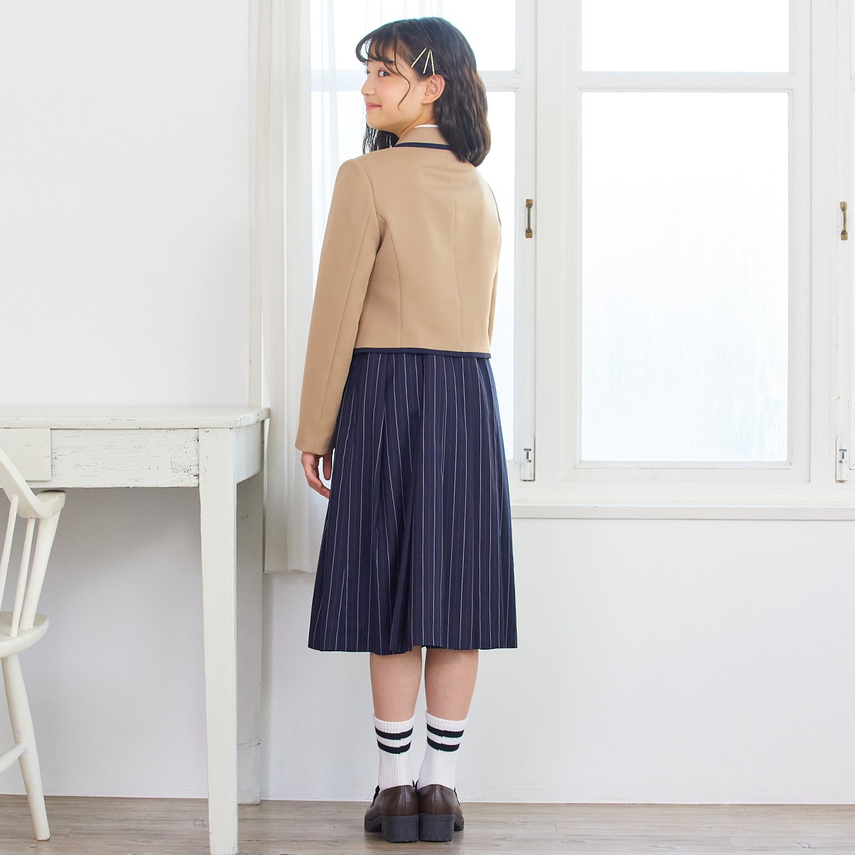 【期間限定50%OFF】ベージュダブルジャケット×ストライプジャンパースカートセット 150 160 165cm(8291-2500)