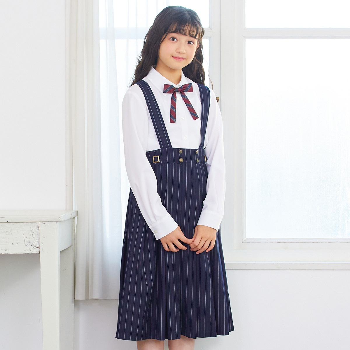 【期間限定50%OFF】ベージュダブルジャケット×ストライプジャンパースカートセット 150 160 165cm(8291-2500)