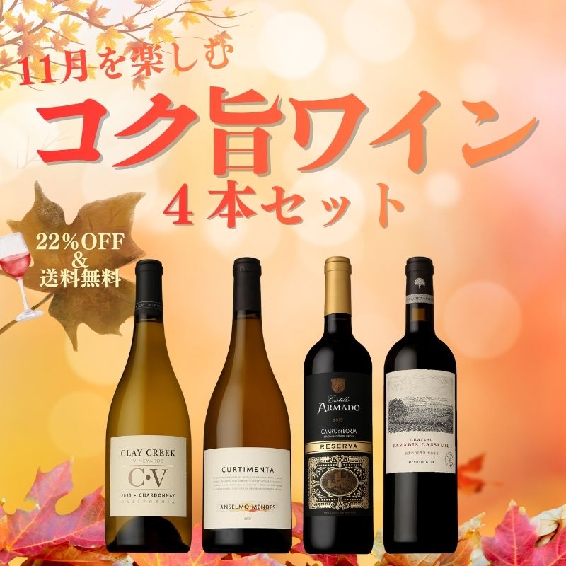 ≪限定12セット≫【22％OFF＆送料無料】11月を楽しむ！コク旨ワイン4本