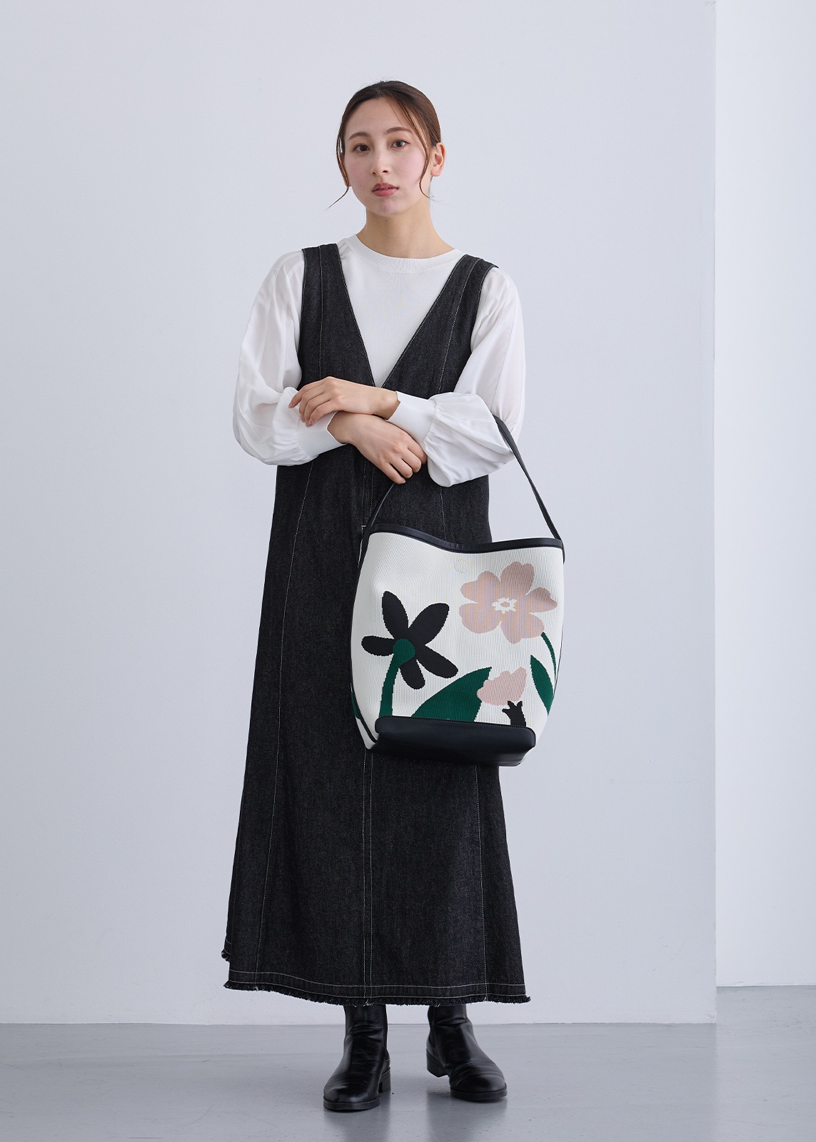 【PLUS an】ジャガード 花柄 バケツ バッグ