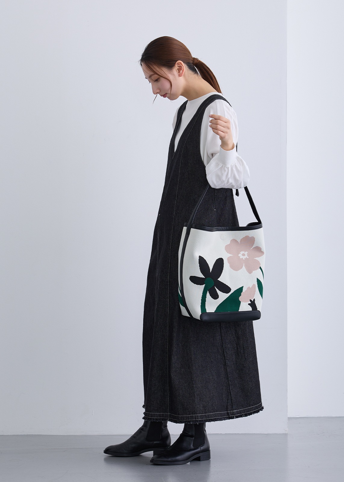 【PLUS an】ジャガード 花柄 バケツ バッグ