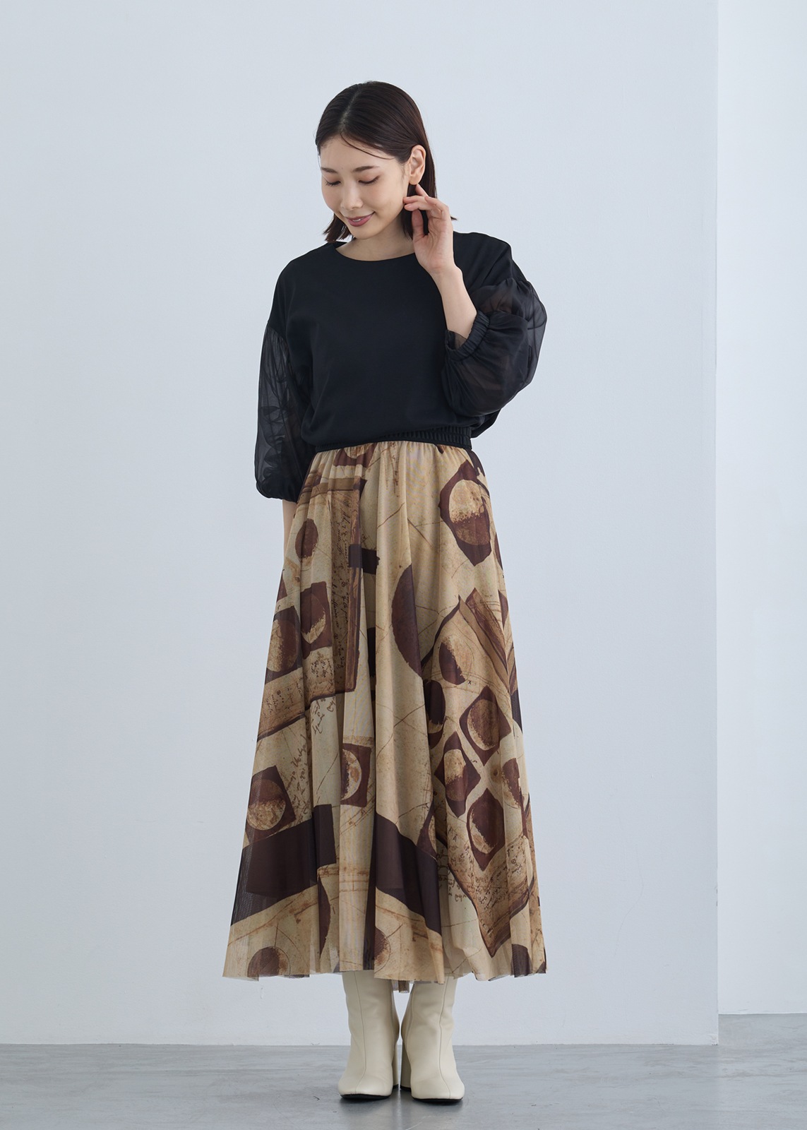 【KOOS】月の満ち欠け プリントチュール スカート