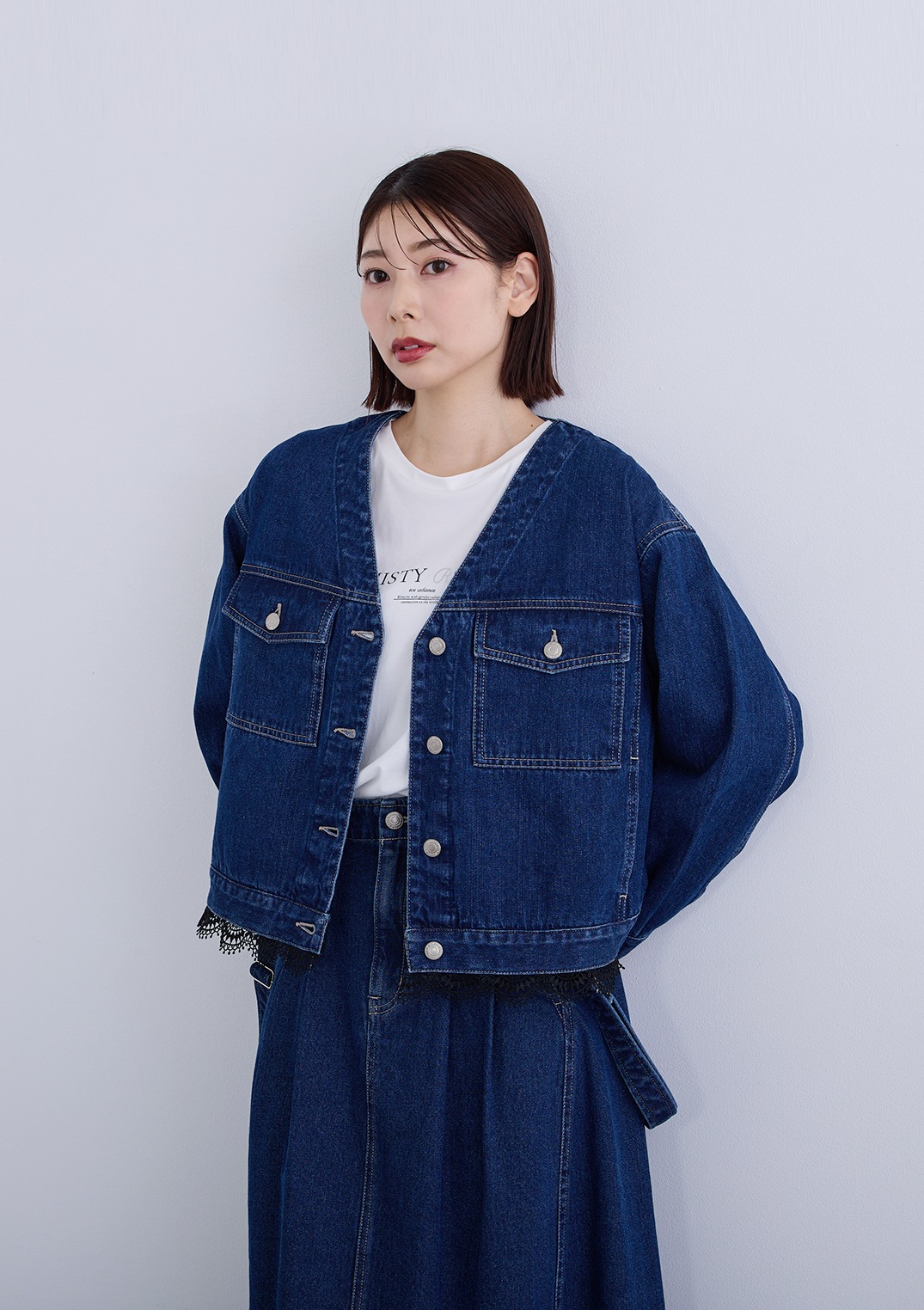 【KOOS】ノーカラー デニム レース ジャケット