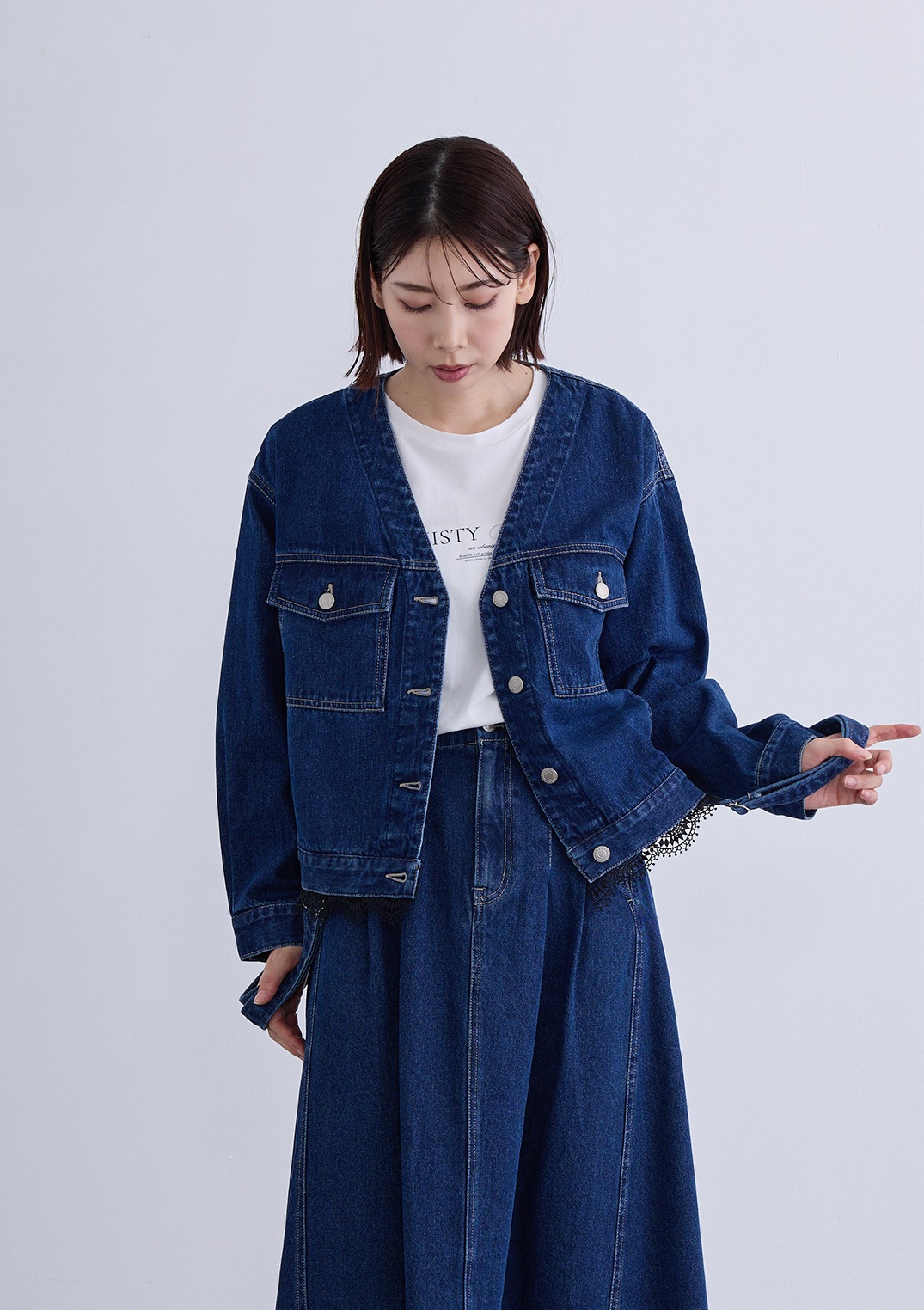 【KOOS】ノーカラー デニム レース ジャケット