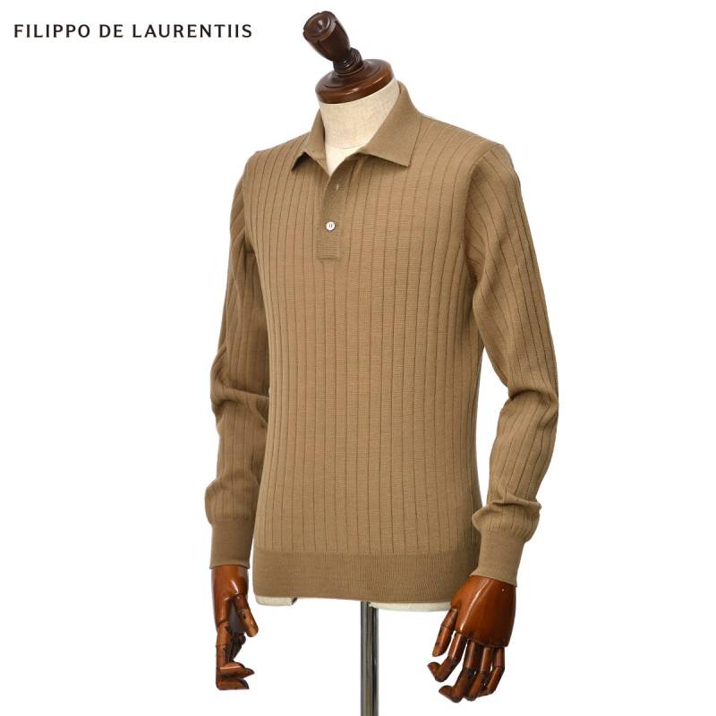 フィリッポデローレンティス／ニットポロシャツ／リネン／ブラウン／48 FILIPPO DE LAURENTIIS 【フィリッポ デ ローレンティス