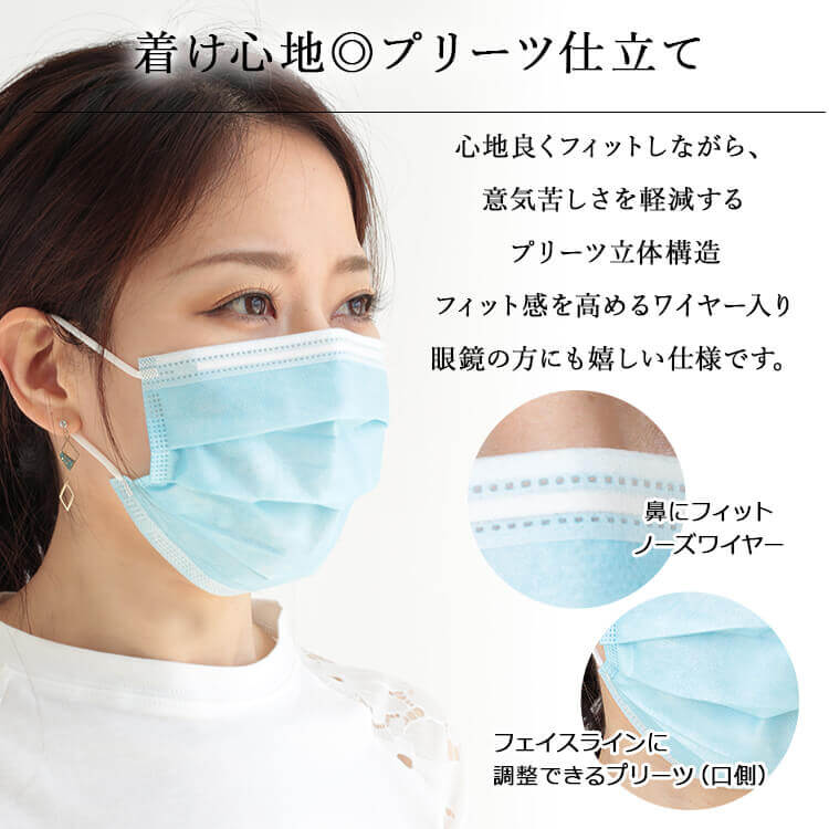 不織布 マスク 使い捨て プリーツ ブルー 3層構造 50枚+10枚