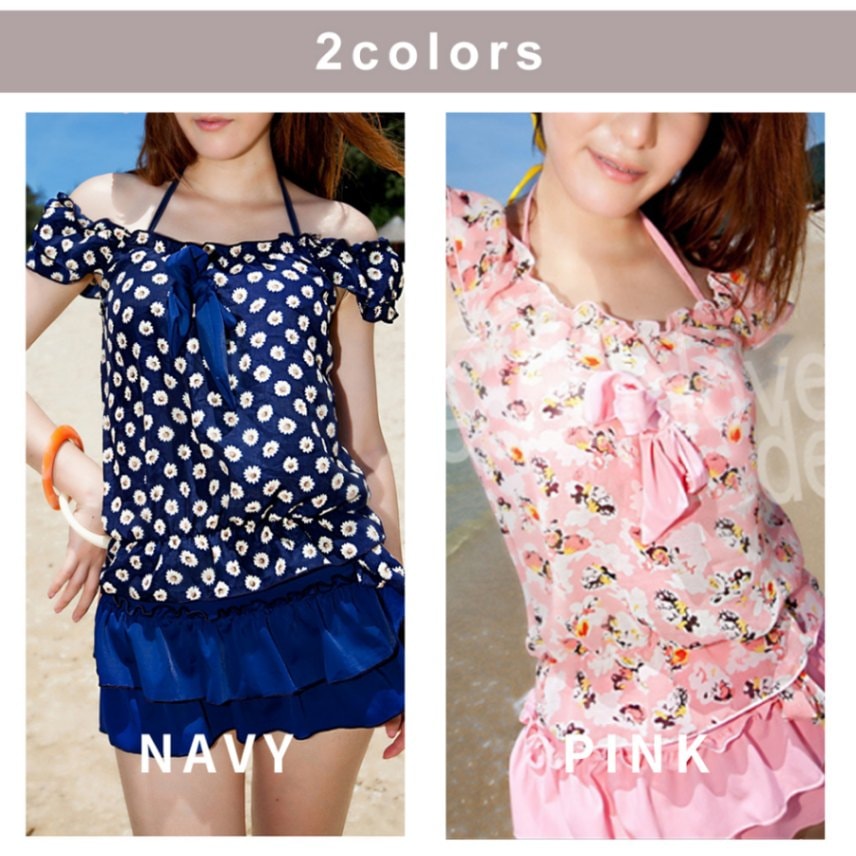 水着 ワンピース 花柄 切替 ビキニ セパレート 4点セット リボン付き