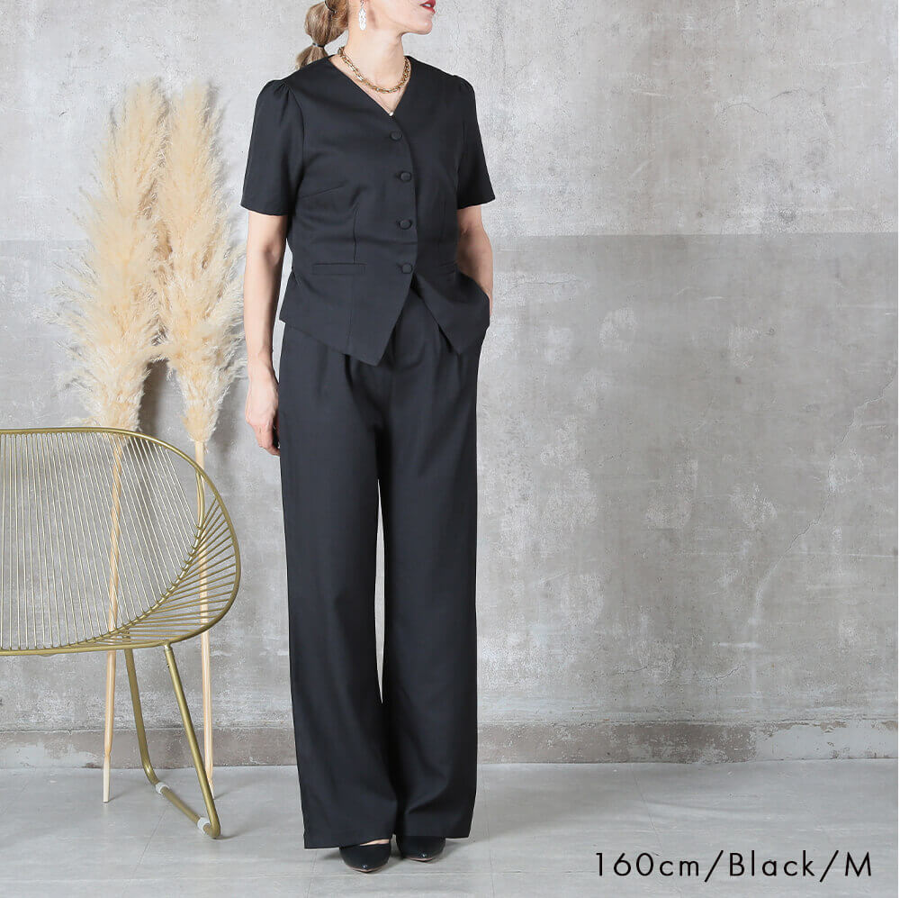 セットアップ スーツ パンツスーツ 2点上下セット レディース おしゃれ カセット服 Tシャツ感覚 半袖 上品きれいめ ロング丈パンツ Vネック 着回し 春夏秋 M L LL 3L 大人カジュアル 通勤 オフィス セレモニー 卒園式 入学式 ママ行事 黒 ブラック 体型カバー