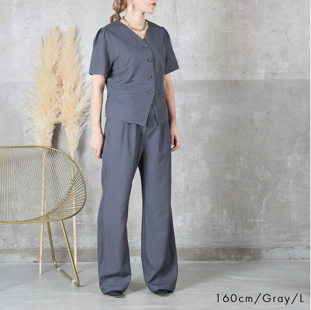セットアップ スーツ パンツスーツ 2点上下セット レディース おしゃれ カセット服 Tシャツ感覚 半袖 上品きれいめ ロング丈パンツ Vネック 着回し 春夏秋 M L LL 3L 大人カジュアル 通勤 オフィス セレモニー 卒園式 入学式 ママ行事 黒 ブラック 体型カバー