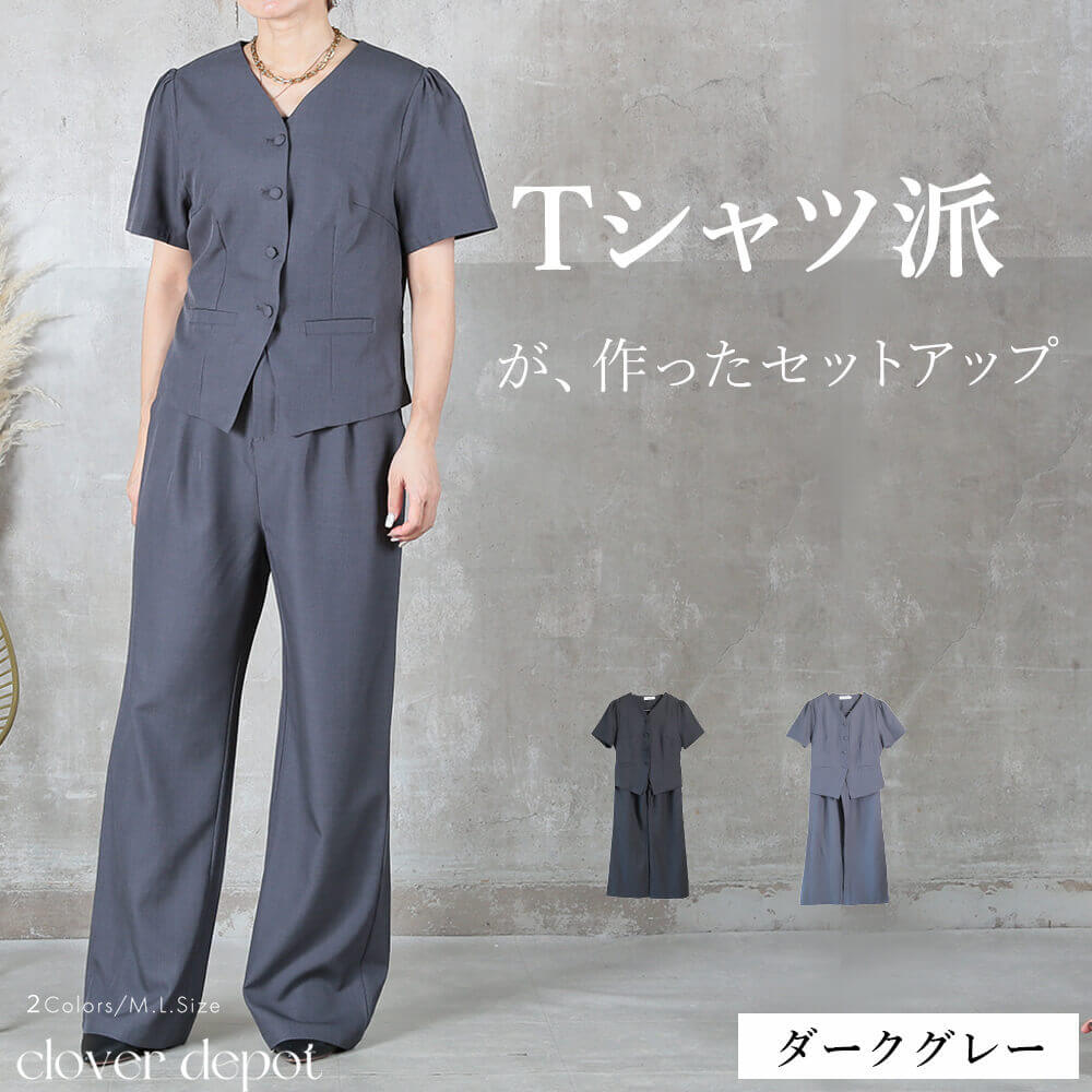 セットアップ スーツ パンツスーツ 2点上下セット レディース おしゃれ カセット服 Tシャツ感覚 半袖 上品きれいめ ロング丈パンツ Vネック 着回し 春夏秋 M L LL 3L 大人カジュアル 通勤 オフィス セレモニー 卒園式 入学式 ママ行事 黒 ブラック 体型カバー