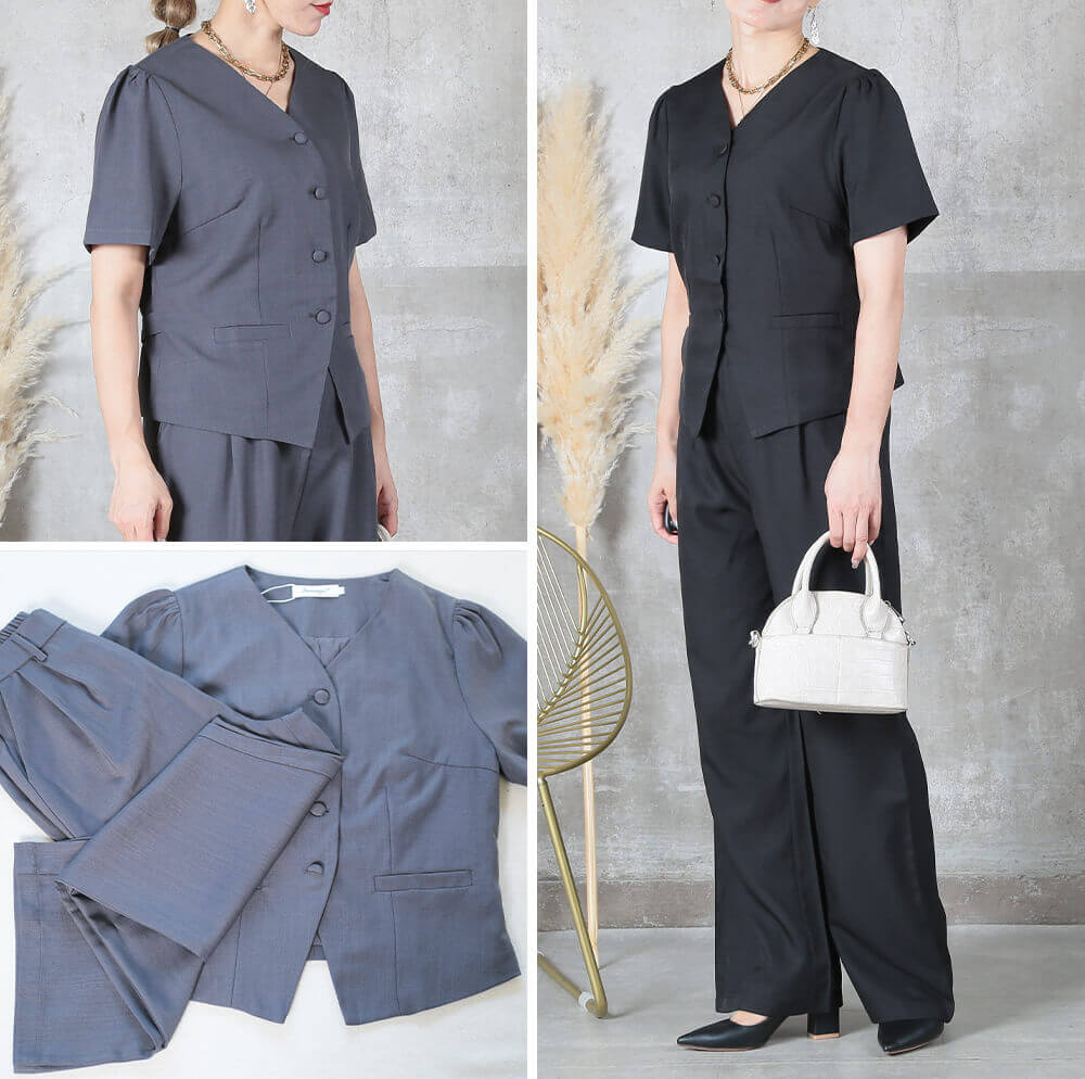 セットアップ スーツ パンツスーツ 2点上下セット レディース おしゃれ カセット服 Tシャツ感覚 半袖 上品きれいめ ロング丈パンツ Vネック 着回し 春夏秋 M L LL 3L 大人カジュアル 通勤 オフィス セレモニー 卒園式 入学式 ママ行事 黒 ブラック 体型カバー