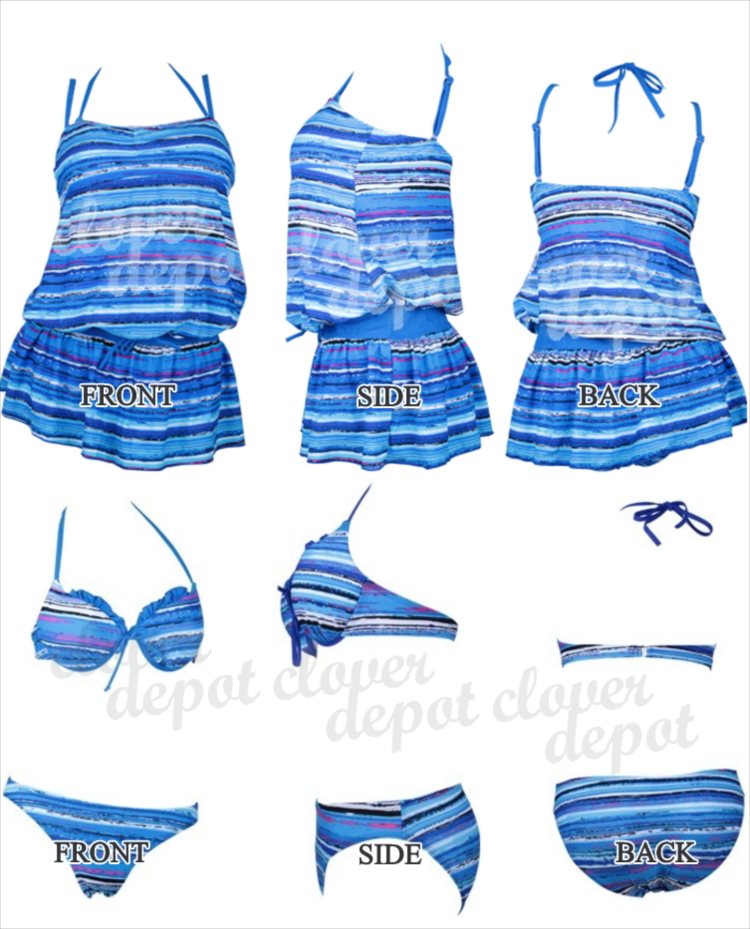 ボーダー 水着 セパレート キャミソール ビキニ タンキニ フレア 4点 セット レディース M/L/2L/3L