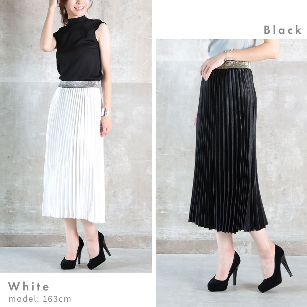 プリーツスカート サテン ロング プリーツ レディース ウエスト ゴム フリーサイズ 14color