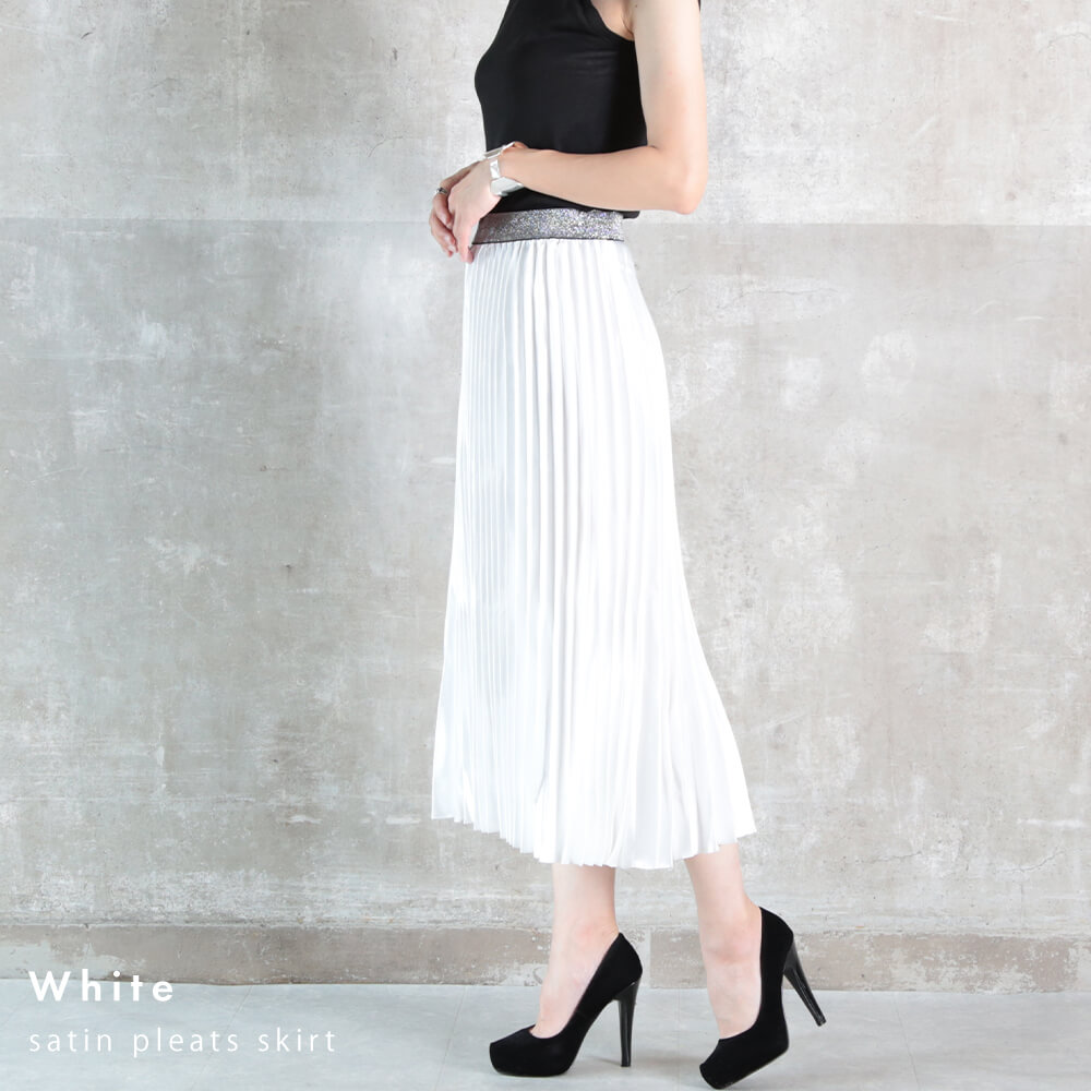 プリーツスカート サテン ロング プリーツ レディース ウエスト ゴム フリーサイズ 14color
