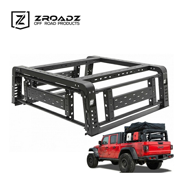 【ZROADZ 正規品】ジローズ アクセスオーバーランドラック 3リフティングサイドゲート LEDキューブライト付 ジープ JT グラディエーター トレイルレールカーゴシステム有車用  ROTOPAX/Hi-Lift固定可 Z834211